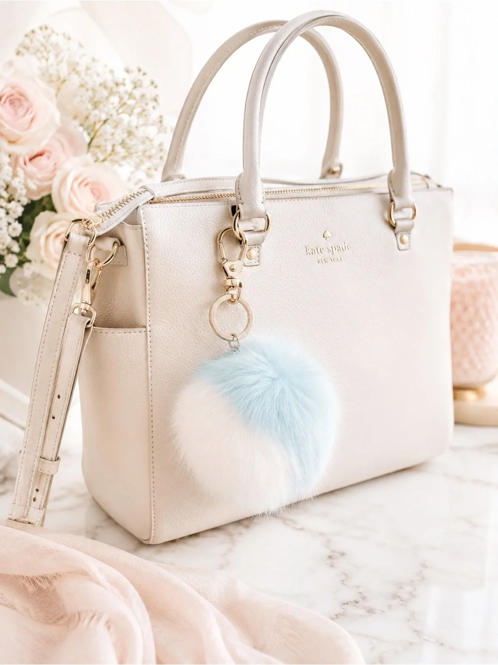 LC Lauren Conrad Blue White Faux Fur Pom Pom Keychain Bag Charm Y2K Coquette NWT